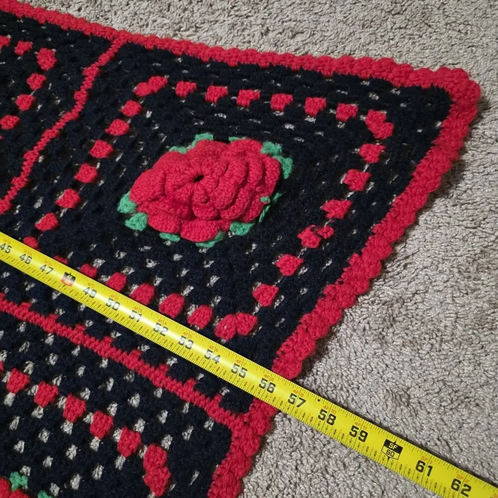 Handmade Crocheted Granny Square 3D Rose Floral Afghan Blanket 57”X38” & Pillow